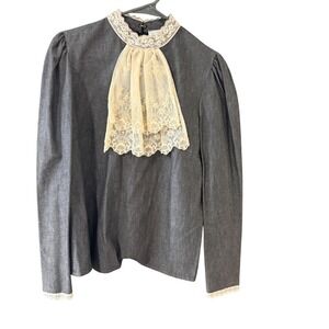 Pitchfork Vintage 30s Grey Cotton Lace Blouse Victorian Prairie Puffed Sleeve S